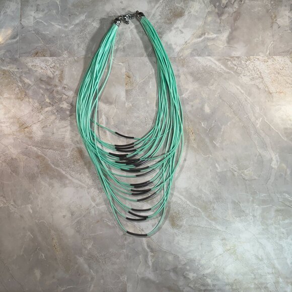 Multi-Strand Mint Green Cord Necklace Silver Tone Metal Accents & Lobster Clasp - Picture 2 of 7